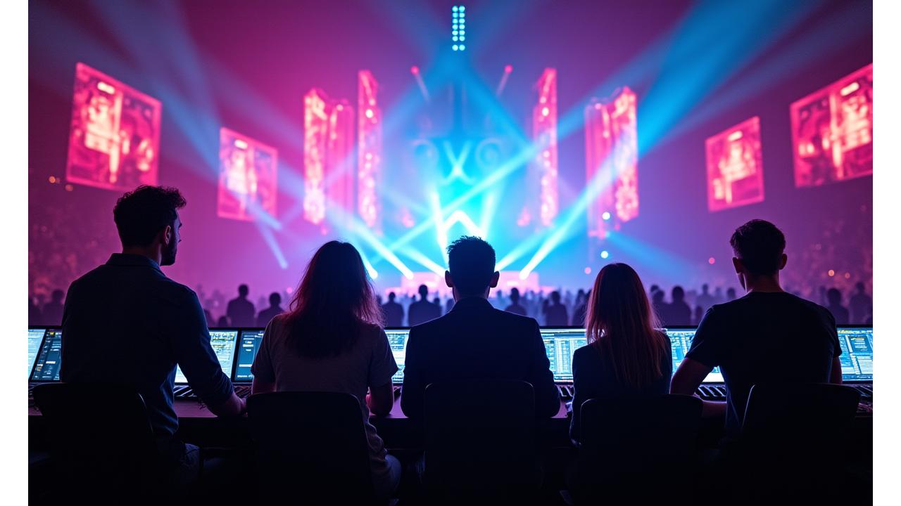 Lumina Pulse Productions founding team in a dynamic concert setting, surrounded by vibrant lights.
