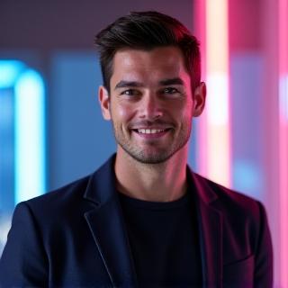 Photo of Elias Vanguard, CEO & Founder of Lumina Pulse Productions, smiling confidently.