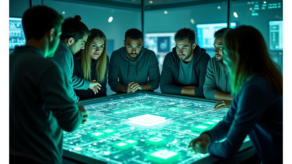Lumina Pulse Productions team collaborating around a holographic projection of a stage design, showcasing expertise.