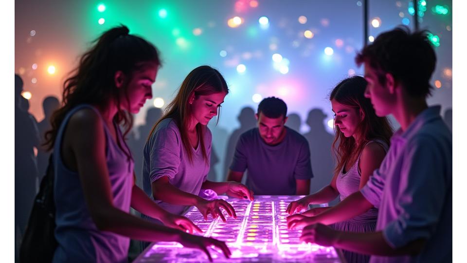 Diverse group of people collaborating on a sustainable event project, surrounded by vibrant light installations, embodying Lumina Pulse values.