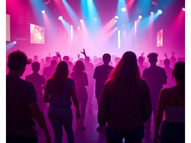 Indoor club scene with vibrant LED wall displaying abstract patterns, people dancing