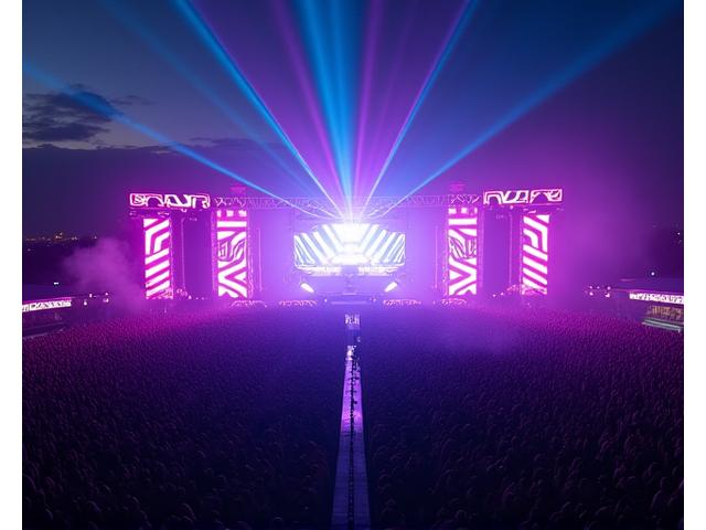 Aerial view of a massive outdoor electronic music festival at night, stage lights illuminating the crowd