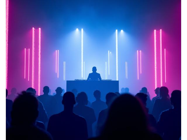 Minimalist techno club setting with a DJ booth and ethereal lighting