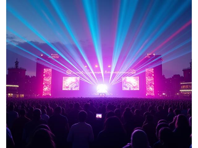 Outdoor festival main stage with lasers beaming over a vast crowd under a night sky