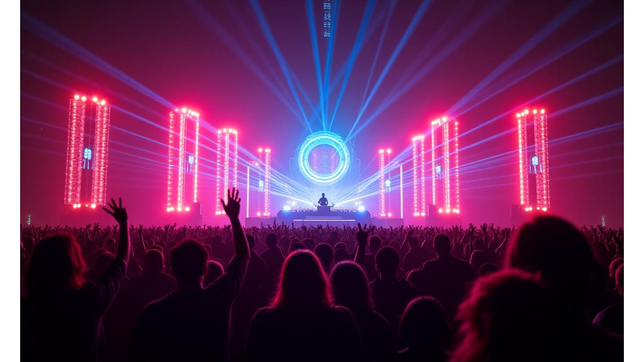 Dynamic electronic music stage with a DJ performing, vibrant lights and a large enthusiastic crowd