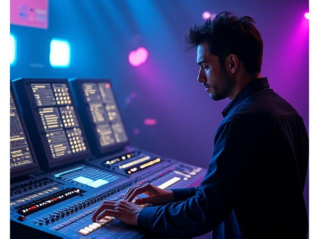 Sound engineer adjusting a mixing console with complex wiring, focused expression