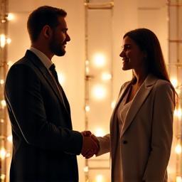 Photo of two business partners shaking hands at an event