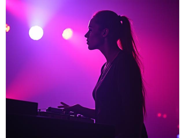 Charlotte de Witte performing at a rave with intense lighting.