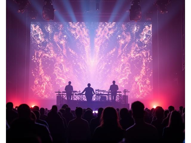 Photo of ODESZA performing with their drumline on a large stage.