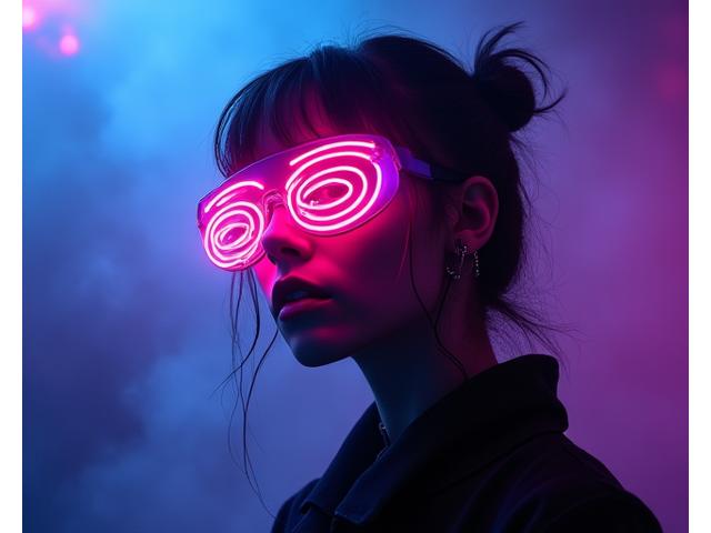 Photo of REZZ performing with her signature goggles and dramatic lighting.