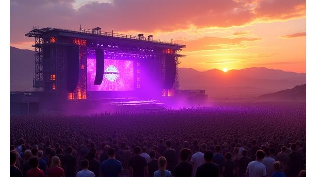 Wide shot of Aurora Fields festival at sunset, with main stage lights glowing.