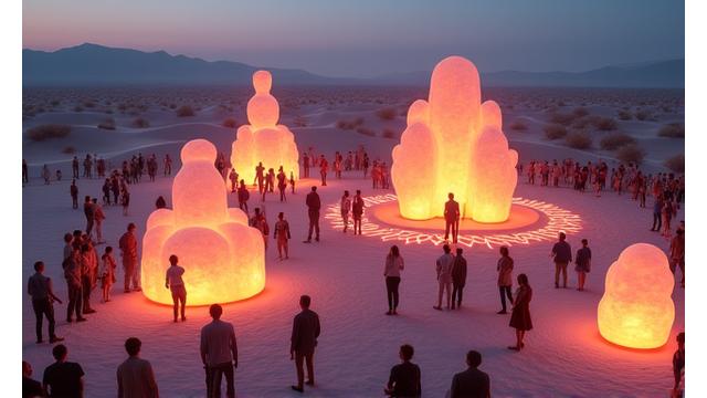 Aerial view of interactive art installations and glowing tents at Aurora Fields.