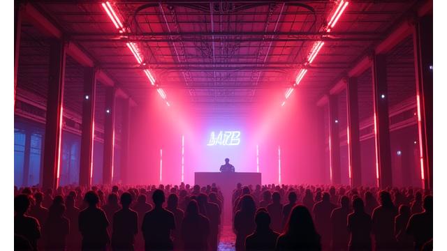 Interior shot of Neon Oasis festival, warehouse transformed with neon lights and a DJ booth.