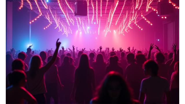 A large crowd dancing under a canopy of neon lights at Neon Oasis.