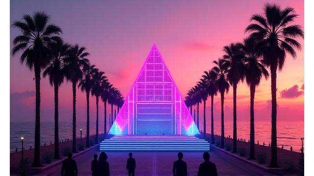 Retro-futuristic stage design at Synthwave Summit with neon grids and palm trees.