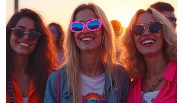 Attendees in 80s-inspired attire enjoying the Synthwave Summit festival.