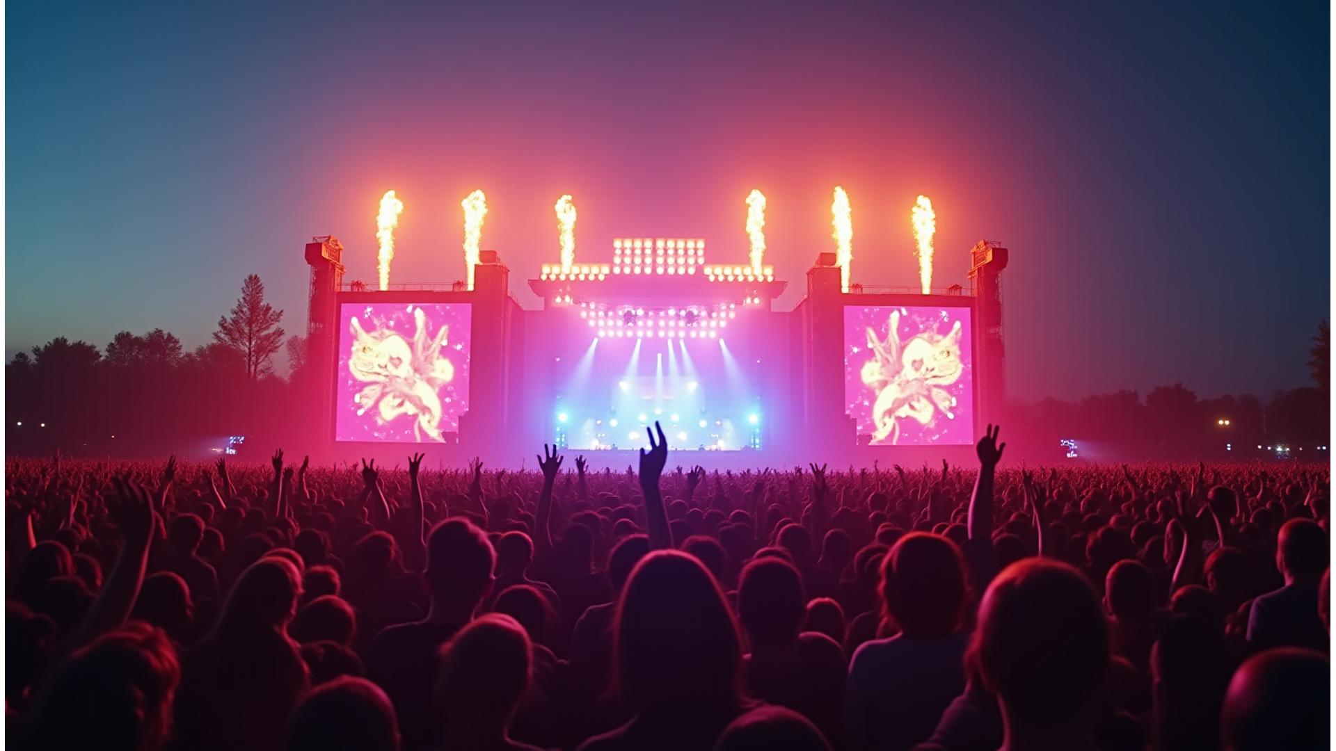 Energetic crowd at an electronic music festival with vibrant light show, showcasing Lumina Pulse Productions' expertise.