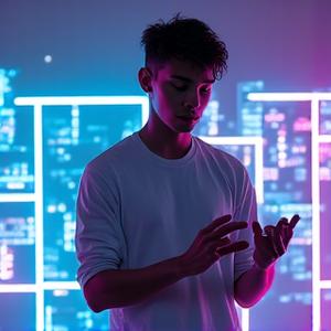 A portrait of Kaito Shift, a tech artist developing AR applications, surrounded by holographic interfaces.