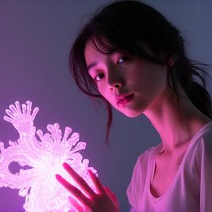 A portrait of a serene artist Zenith Echo, working with bioluminescent materials.