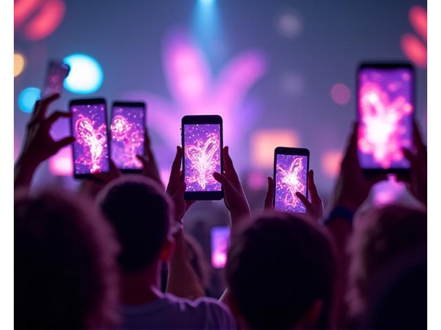 A group of festival-goers holding up smartphones, seeing fantastical augmented reality creatures floating above them in a park setting.