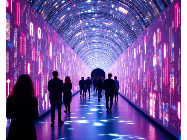A large, neon-lit tunnel installation subtly integrating a well-known brand logo into the light patterns, with people walking through it.