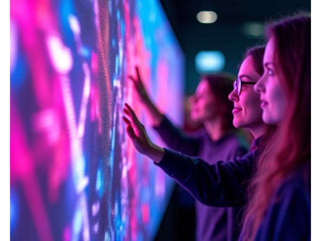 Attendees interacting with a large LED wall displaying responsive graphics based on motion capture.