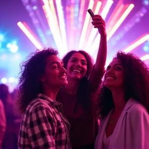 A smiling group of festival-goers taking a selfie in front of a colorful art installation, symbolizing high satisfaction.