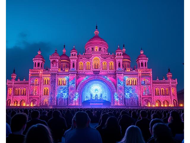 Stunning 3D projection mapping transforming a large classical building facade into a kaleidoscope of light and moving patterns.