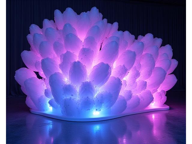 An intricate, illuminated sculptural piece made of geometric forms, glowing with neon lights in a dark outdoor setting.
