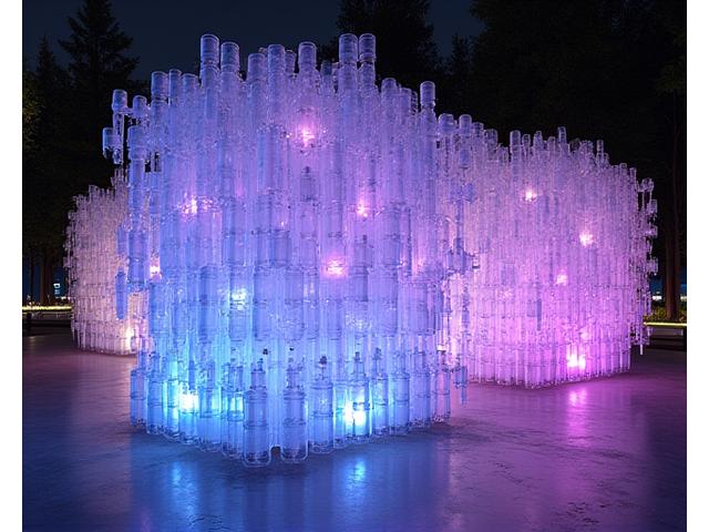 A beautiful, large-scale art piece constructed entirely from recycled plastic bottles, glowing softly with internal LED lights.