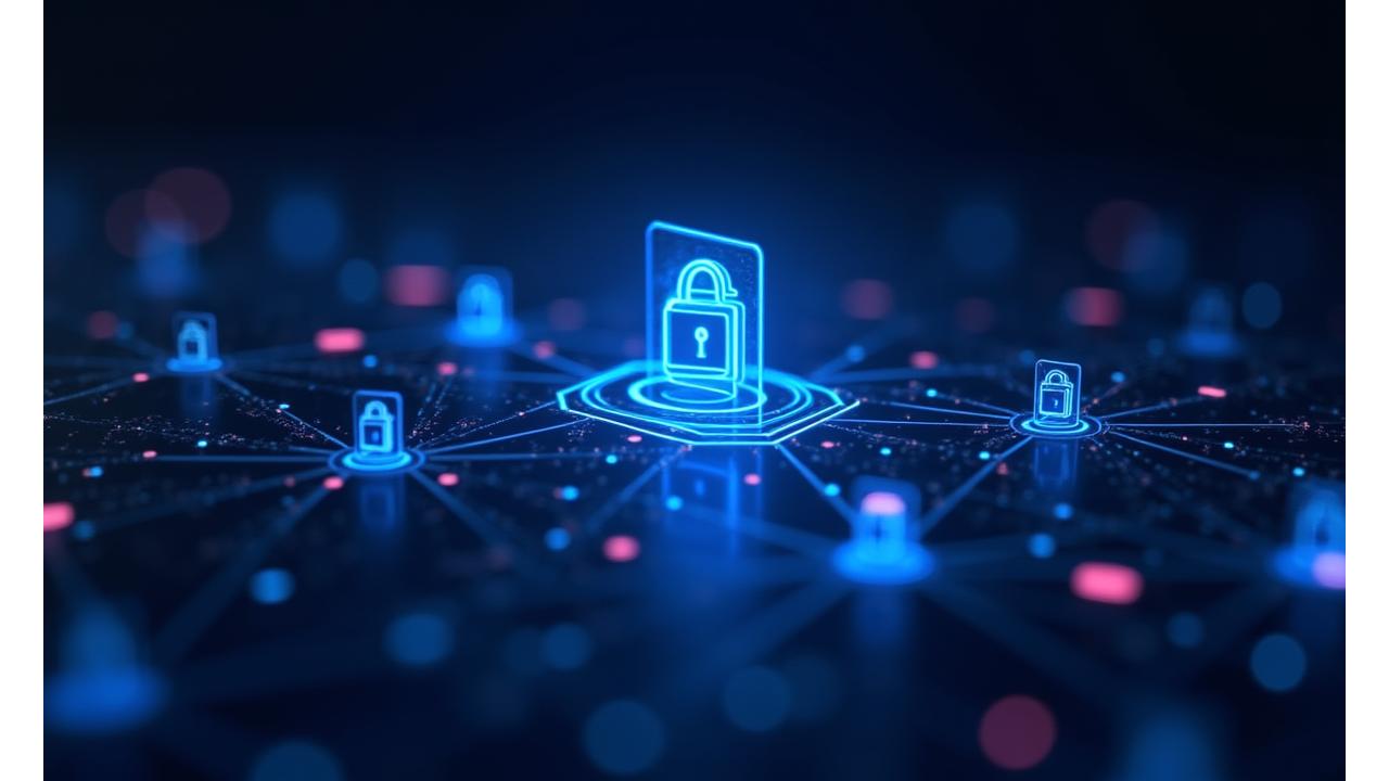 Stylized abstract graphic representing secure data flow. Glowing lines of data move between interconnected nodes, suggesting privacy and secure processing, against a dark, technological background.
