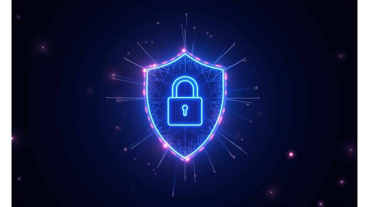 Abstract glowing digital shield representing data protection and privacy, set against a dark, futuristic backdrop. The shield is composed of interconnected neon blue and pink lines, symbolizing a secure network.