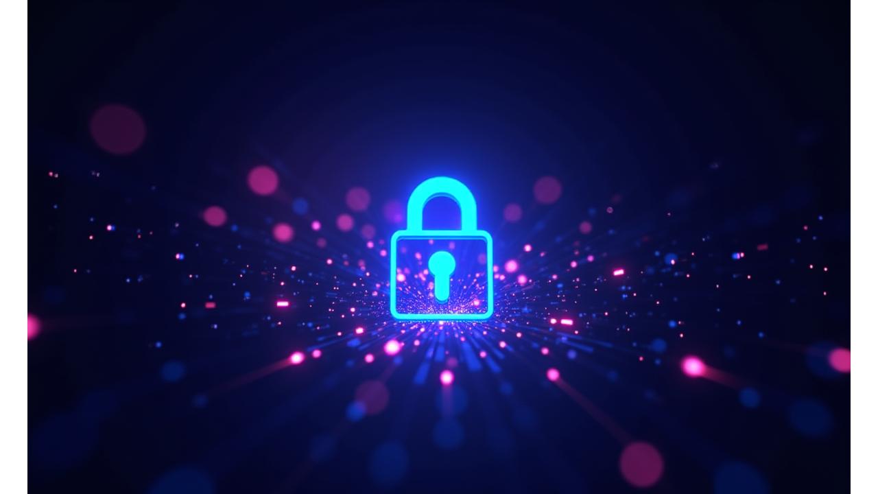 Glowing network lines and abstract data points swirling around a central secure lock icon, representing advanced cybersecurity and data protection. The colors are neon blue and purple against a very dark background.