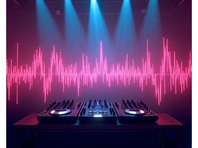 Illustration of a dynamic DJ lineup dashboard with artist photos, set times, and stage assignments. Pulses of light emanate from the elements.