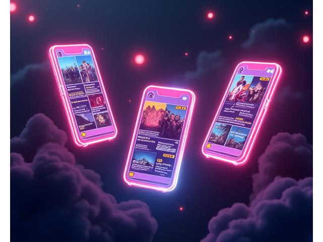 Mockup of interconnected social media feeds for Instagram, TikTok, and X (formerly Twitter), showing high engagement metrics and vibrant event promotion content.