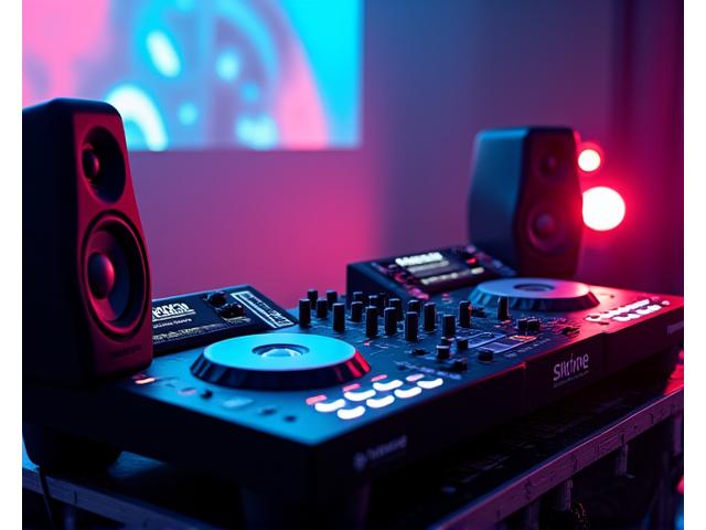 A professional DJ setup with turntables and headphones on a dimly lit stage.