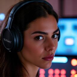 Portrait of Maya Rodriguez, Monitor Engineer, focused on a monitor console with headphones on.