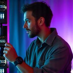 Portrait of Ben Carter, System Technician, adjusting a speaker system with a thoughtful expression.