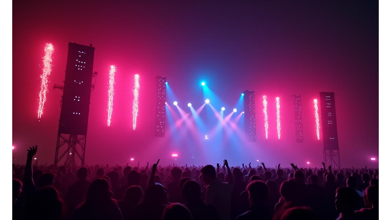Dynamic sound waves emanating from large festival speakers under neon lights, representing superior audio quality.