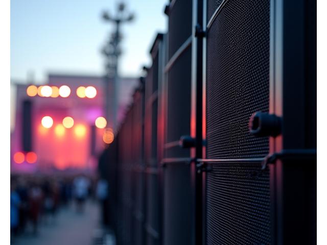 Powerful line array speakers configured for a large outdoor festival.