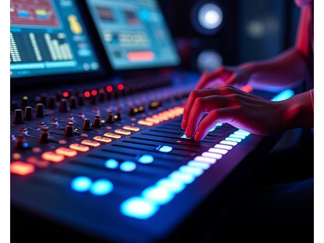 A modern digital mixing console with a professional audio engineer working during an event.