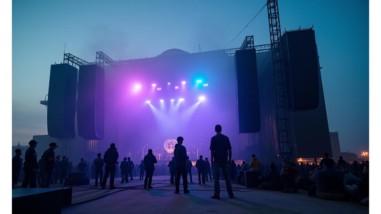 A professional audio crew setting up large speaker stacks on a festival stage at dawn.
