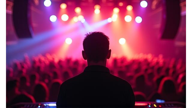 DJ Nocturne performing on a large stage, silhouetted by vibrant stage lighting.