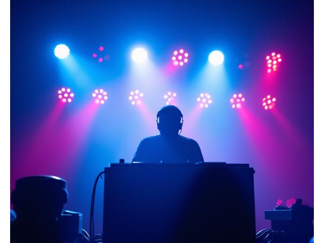 DJ performing on stage surrounded by a complex array of moving head lights and intelligent lighting fixtures, casting colorful beams.