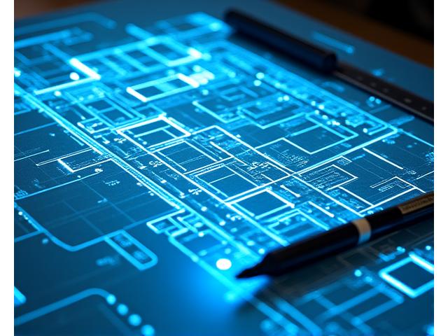Close-up view of engineering blueprints with complex structural diagrams overlayed with bright lines representing lighting pathways.