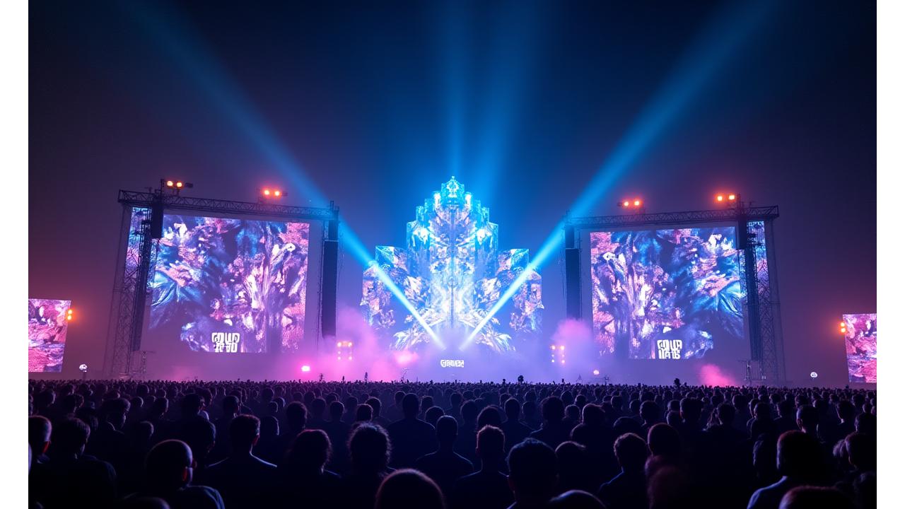 Panoramic shot of a massive outdoor electronic music festival stage at night, lit by vibrant lasers and LED screens displaying abstract visuals.