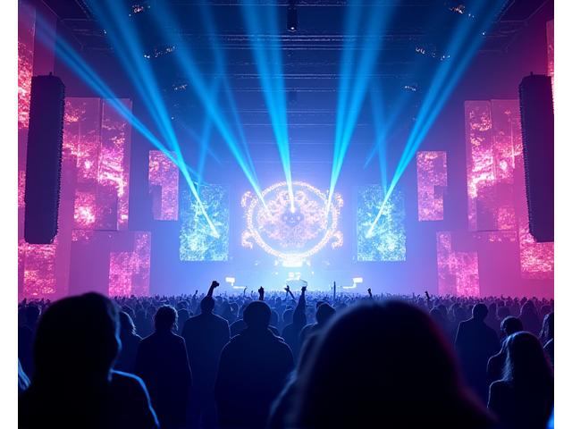 Same indoor concert hall transformed with a vibrant, intricate stage design and dynamic lighting, full of energy.