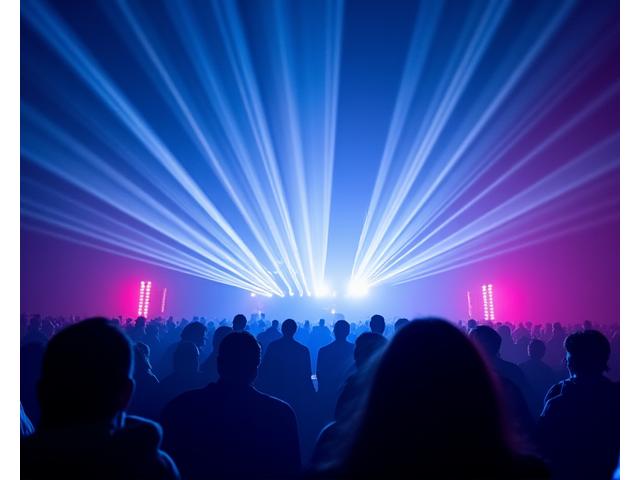 Multiple high-powered laser beams cutting through a smoky environment above a live music crowd, creating a tunnel effect.