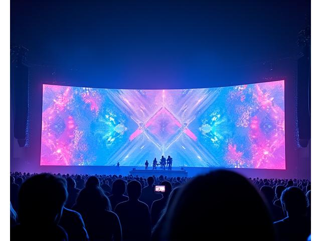 Massive LED video wall displaying vibrant, abstract, pulsing visuals in a concert setting.