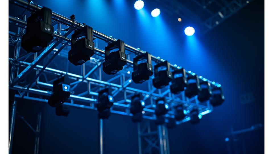 Rows of professional moving head lights mounted on a truss system, ready for installation.